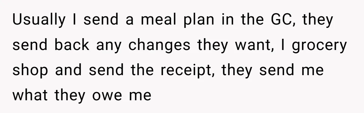 Usually I send a meal plan in the GC, they send back any changes they want, I grocery shop and send the receipt, they send me what they owe me