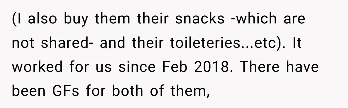 (I also buy them their snacks -which are not shared- and their toileteries...etc). It worked for us since Feb 2018. There have been GFs for both of them,
