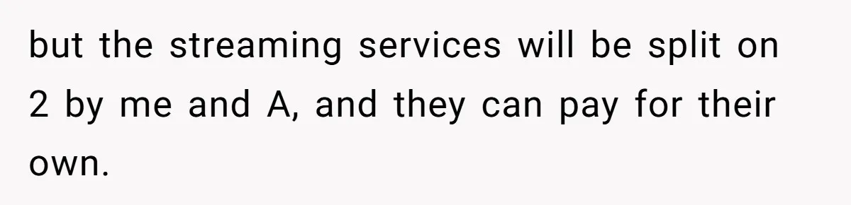 but the streaming services will be split on 2 by me and A, and they can pay for their own.