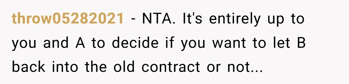 throw05282021 − NTA. It's entirely up to you and A to decide if you want to let B back into the old contract or not...