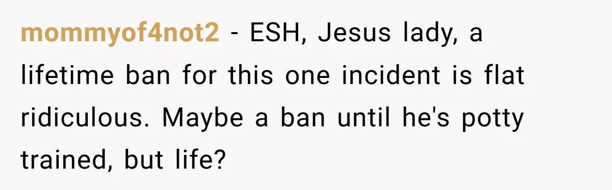 mommyof4not2 − ESH, Jesus lady, a lifetime ban for this one incident is flat ridiculous. Maybe a ban until he's potty trained, but life?