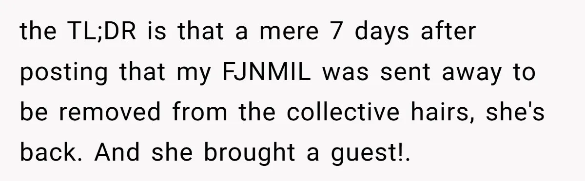Why an Engagement Ended in a Shopping Center Parking Lot Over a Stolen Identity the TL;DR is that a mere 7 days after posting that my FJNMIL was sent away to be removed from the collective hairs, she's back. And she brought a guest!.