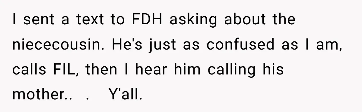 Why an Engagement Ended in a Shopping Center Parking Lot Over a Stolen Identity I sent a text to FDH asking about the niececousin. He's just as confused as I am, calls FIL, then I hear him calling his mother.. . Y'all.