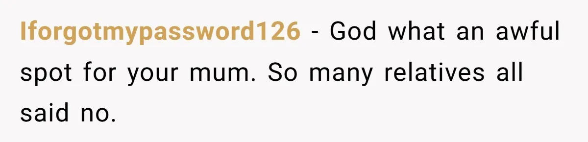 Iforgotmypassword126 − God what an awful spot for your mum. So many relatives all said no.