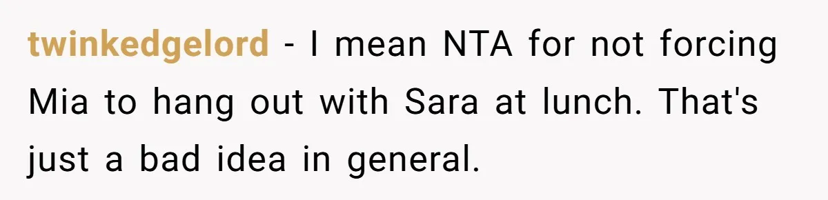 A Mom Refuses to Force Her Twins to Sit Together After a Big Cafeteria Fight twinkedgelord − I mean NTA for not forcing Mia to hang out with Sara at lunch. That's just a bad idea in general.