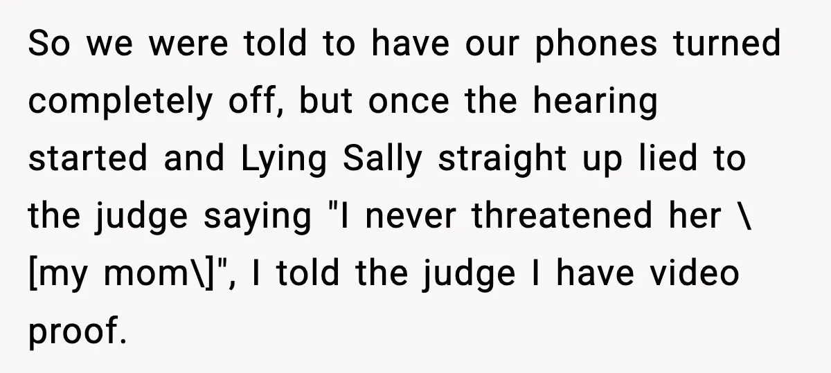So we were told to have our phones turned completely off, but once the hearing started and Lying Sally straight up lied to the judge saying "I never threatened her...