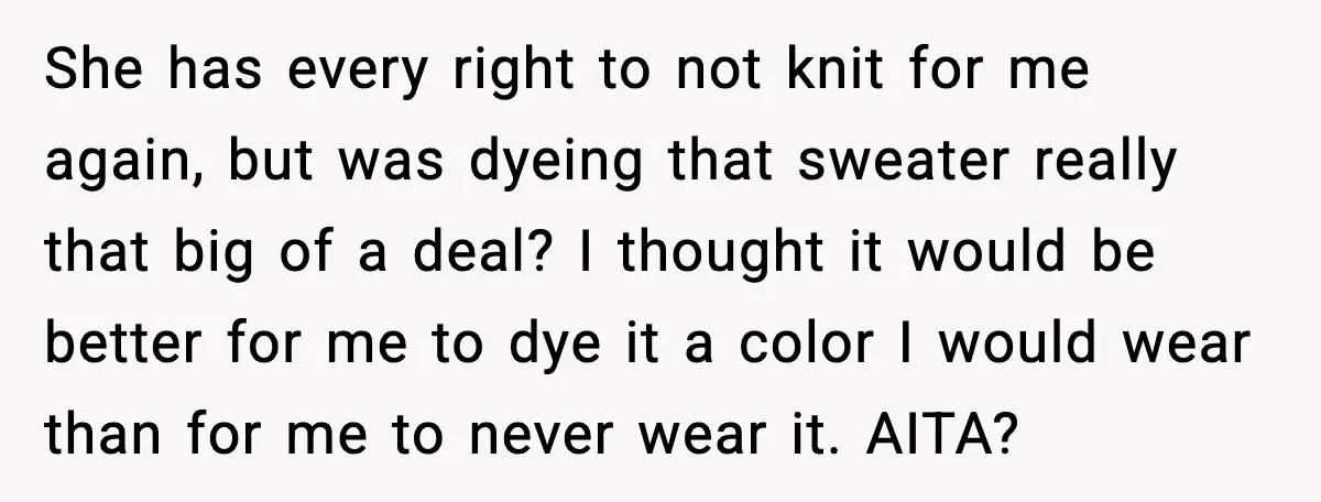 She has every right to not knit for me again, but was dyeing that sweater really that big of a deal? I thought it would be better for me to...