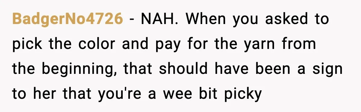 BadgerNo4726 - NAH. When you asked to pick the color and pay for the yarn from the beginning, that should have been a sign to her that you're a wee...