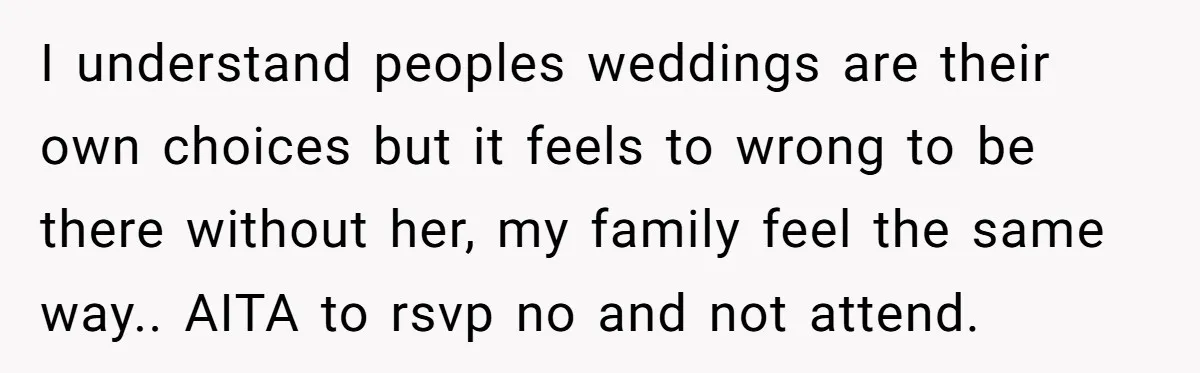 He Skipped His Cousin’s Wedding After His Girlfriend Wasn’t Invited — Was He Wrong? I understand peoples weddings are their own choices but it feels to wrong to be there without her, my family feel the same way.. AITA to rsvp no and not...