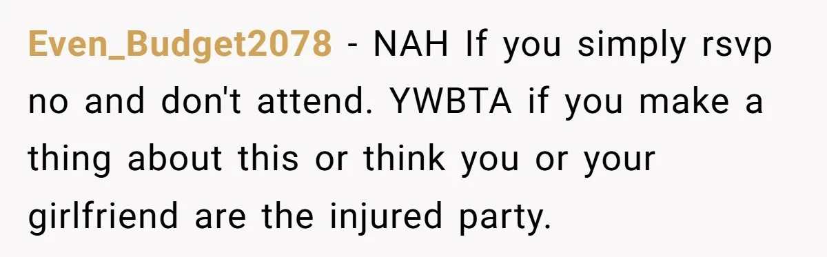 He Skipped His Cousin’s Wedding After His Girlfriend Wasn’t Invited — Was He Wrong? Even_Budget2078 − NAH If you simply rsvp no and don't attend. YWBTA if you make a thing about this or think you or your girlfriend are the injured party.