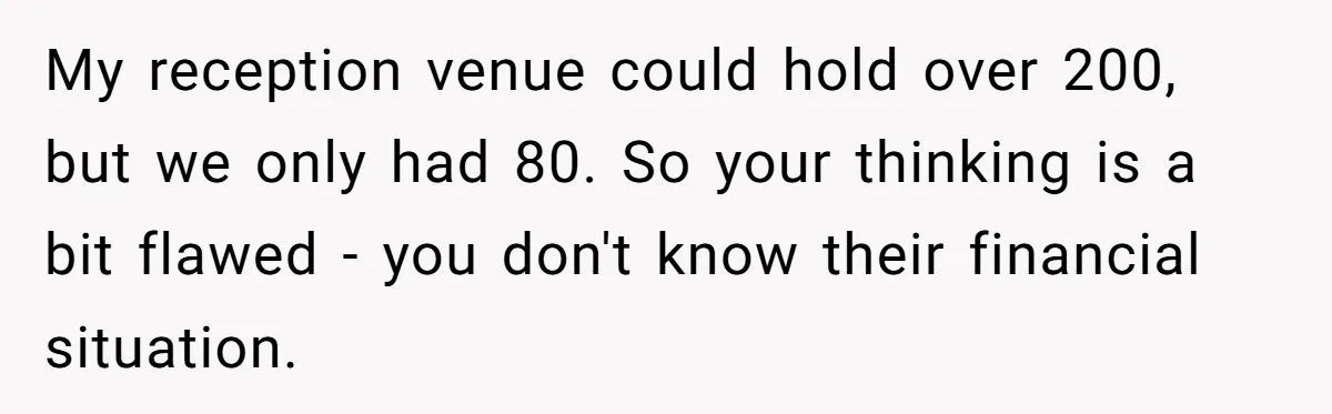 He Skipped His Cousin’s Wedding After His Girlfriend Wasn’t Invited — Was He Wrong? My reception venue could hold over 200, but we only had 80. So your thinking is a bit flawed - you don't know their financial situation.