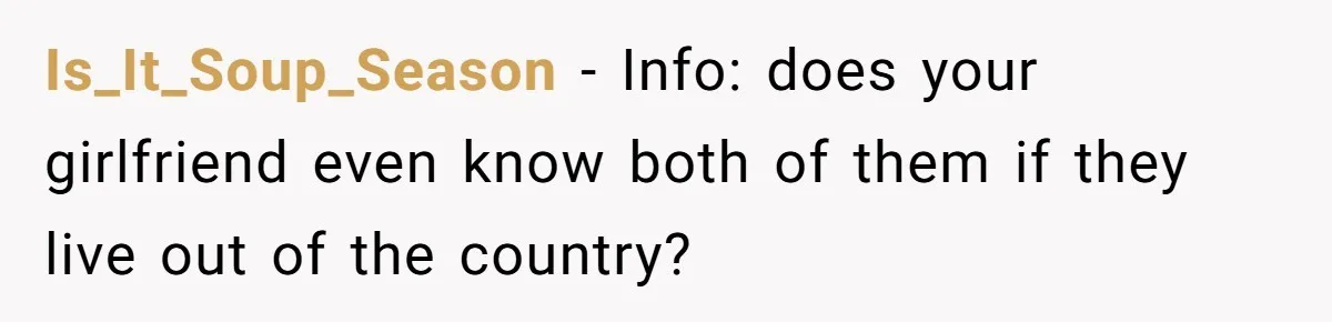 He Skipped His Cousin’s Wedding After His Girlfriend Wasn’t Invited — Was He Wrong? Is_It_Soup_Season − Info: does your girlfriend even know both of them if they live out of the country?
