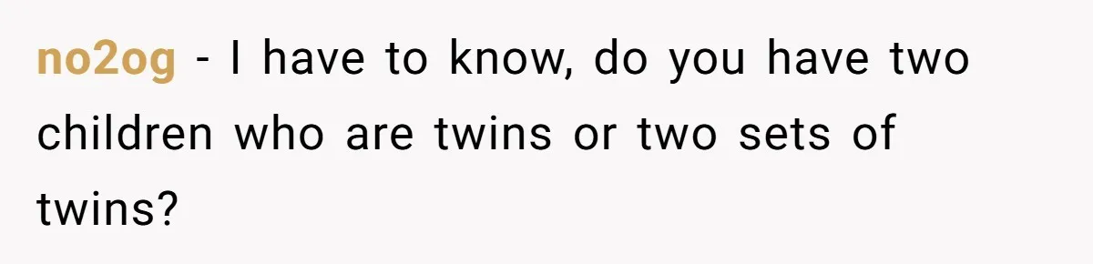 no2og − I have to know, do you have two children who are twins or two sets of twins?