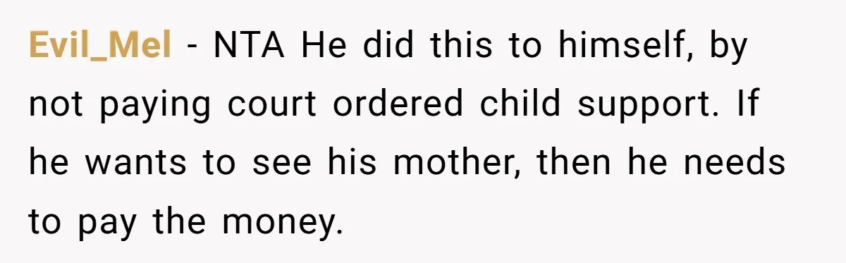 Evil_Mel − NTA He did this to himself, by not paying court ordered child support. If he wants to see his mother, then he needs to pay the money.