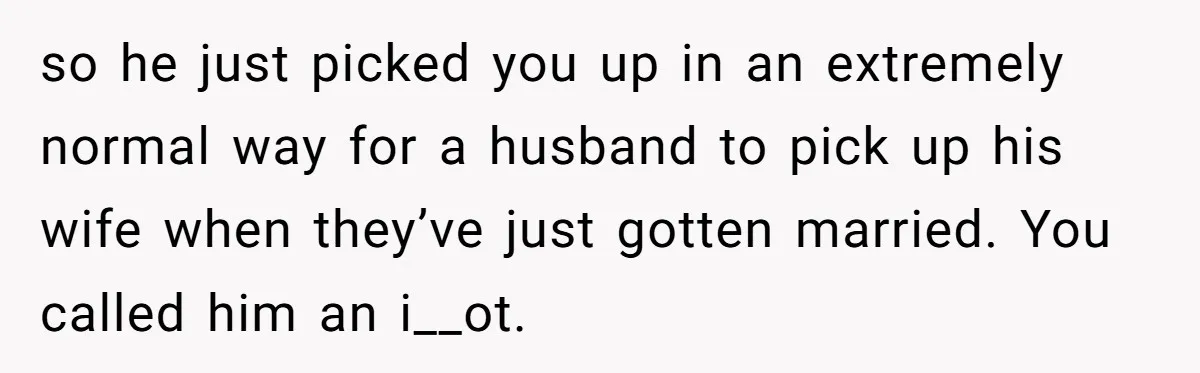 so he just picked you up in an extremely normal way for a husband to pick up his wife when they’ve just gotten married. You called him an i__ot.