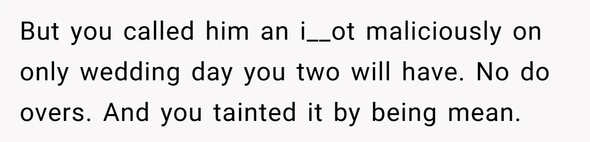 But you called him an i__ot maliciously on only wedding day you two will have. No do overs. And you tainted it by being mean.