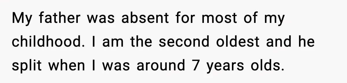 My father was absent for most of my childhood. I am the second oldest and he split when I was around 7 years olds.