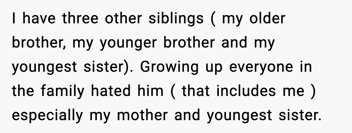 I have three other siblings ( my older brother, my younger brother and my youngest sister). Growing up everyone in the family hated him ( that includes me ) especially...