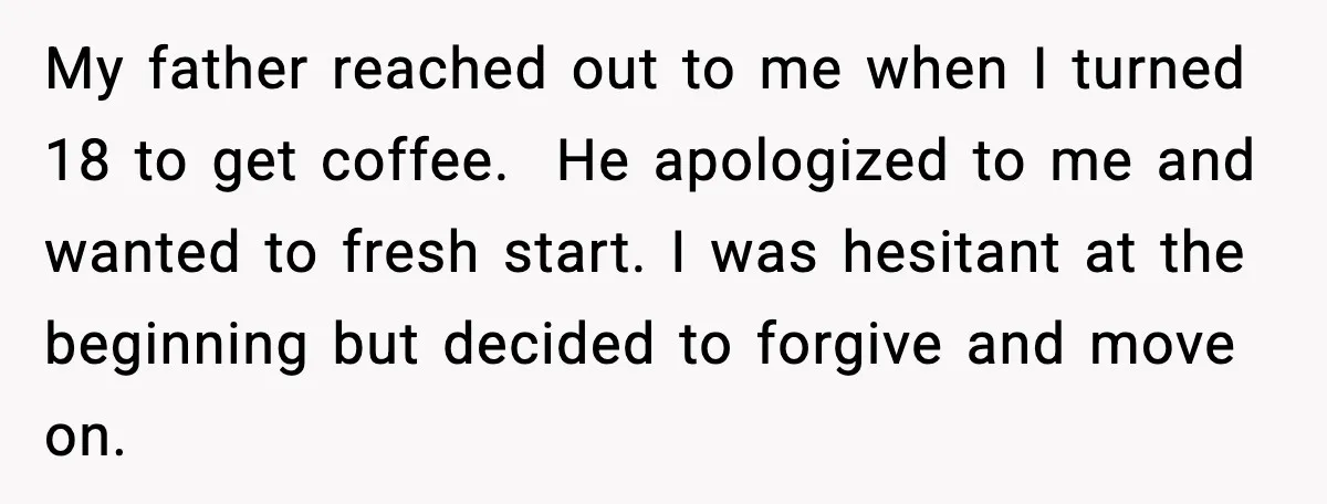My father reached out to me when I turned 18 to get coffee. He apologized to me and wanted to fresh start. I was hesitant at the beginning but decided...
