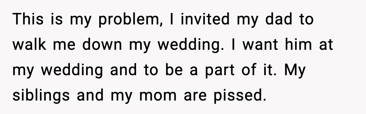 This is my problem, I invited my dad to walk me down my wedding. I want him at my wedding and to be a part of it. My siblings and...