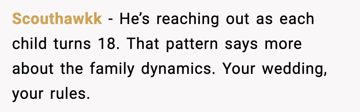 Scouthawkk - He’s reaching out as each child turns 18. That pattern says more about the family dynamics. Your wedding, your rules.