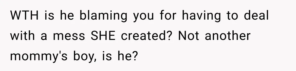 WTH is he blaming you for having to deal with a mess SHE created? Not another mommy's boy, is he?