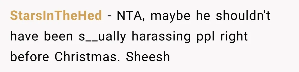 StarsInTheHed − NTA, maybe he shouldn't have been s__ually harassing ppl right before Christmas. Sheesh