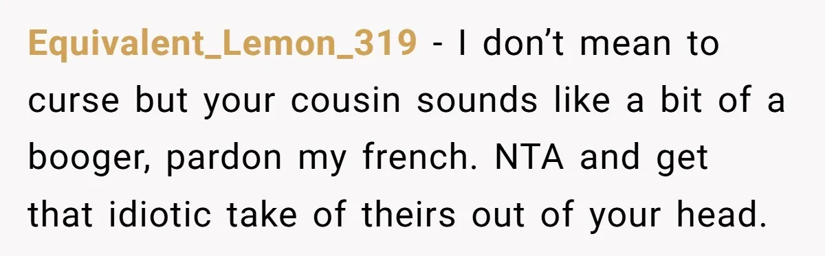 Equivalent_Lemon_319 − I don’t mean to curse but your cousin sounds like a bit of a booger, pardon my french. NTA and get that idiotic take of theirs out of...