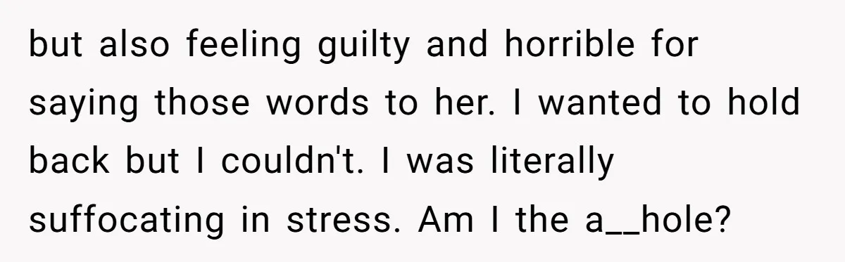 but also feeling guilty and horrible for saying those words to her. I wanted to hold back but I couldn't. I was literally suffocating in stress. Am I the a__hole?