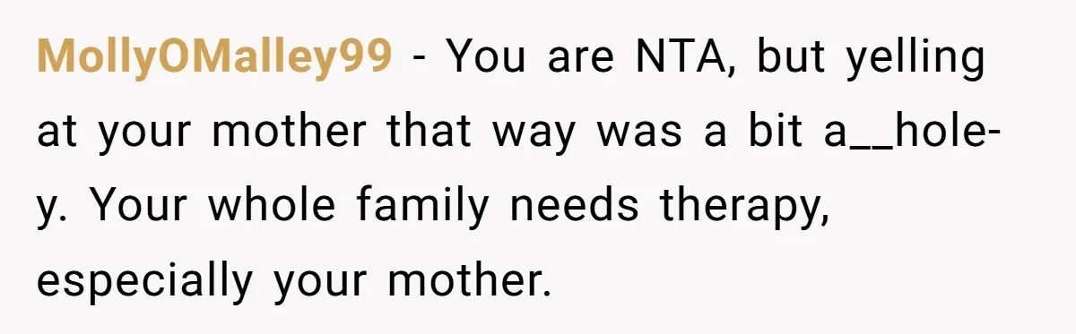 MollyOMalley99 − You are NTA, but yelling at your mother that way was a bit a__hole-y. Your whole family needs therapy, especially your mother.