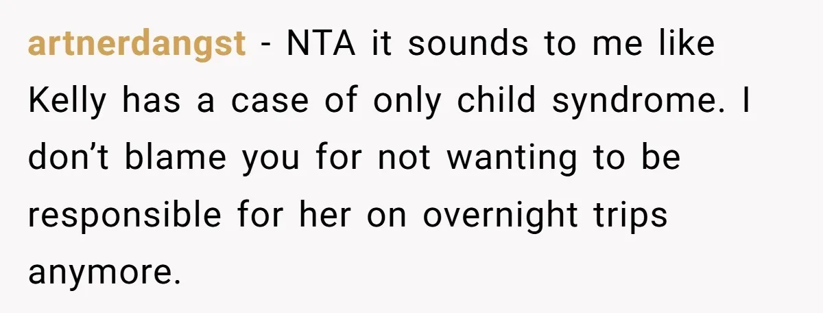 artnerdangst − NTA it sounds to me like Kelly has a case of only child syndrome. I don’t blame you for not wanting to be responsible for her on overnight...