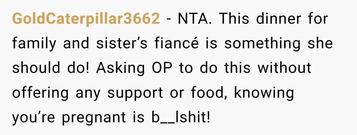 GoldCaterpillar3662 − NTA. This dinner for family and sister’s fiancé is something she should do! Asking OP to do this without offering any support or food, knowing you’re pregnant is...