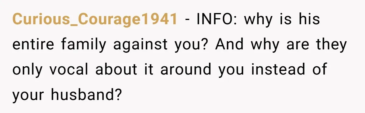 Curious_Courage1941 − INFO: why is his entire family against you? And why are they only vocal about it around you instead of your husband?