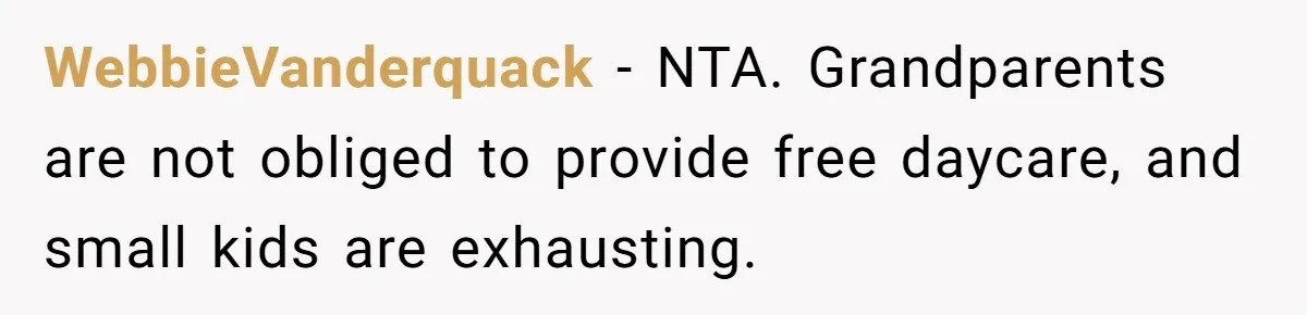 Retired Mom Refuses To Be Full-Time Daycare For Grandson, Adult Son Accuses Her Of Playing Favorites WebbieVanderquack − NTA. Grandparents are not obliged to provide free daycare, and small kids are exhausting.