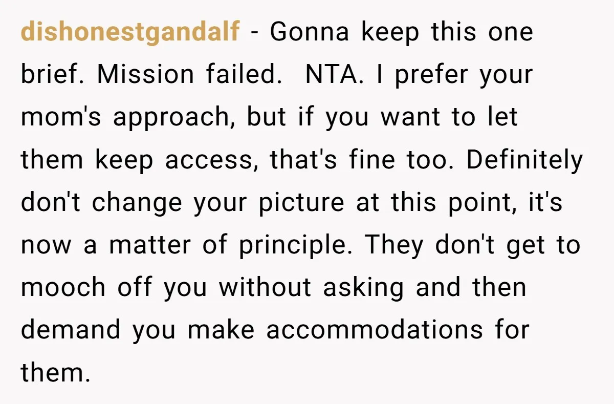 He Let His Aunt Use His Streaming Account. Then She Demanded He Change His Profile Picture. dishonestgandalf − Gonna keep this one brief. Mission failed. NTA. I prefer your mom's approach, but if you want to let them keep access, that's fine too. Definitely don't...