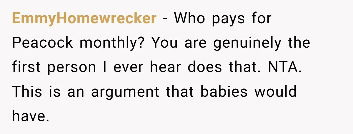 He Let His Aunt Use His Streaming Account. Then She Demanded He Change His Profile Picture. EmmyHomewrecker − Who pays for Peacock monthly? You are genuinely the first person I ever hear does that. NTA. This is an argument that babies would have.