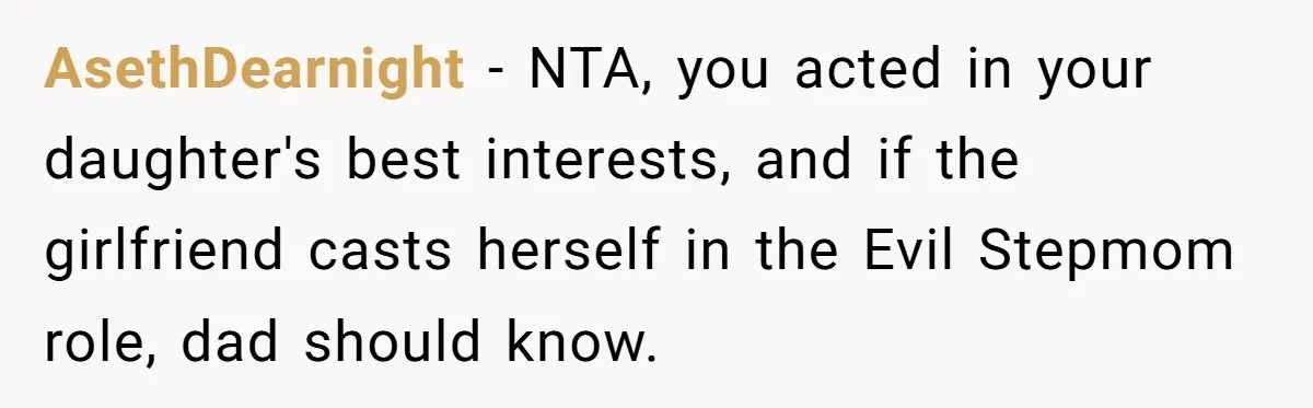 She Told Her Ex About His Girlfriend’s Comment, Now She’s Being Blamed for “Causing Drama” AsethDearnight − NTA, you acted in your daughter's best interests, and if the girlfriend casts herself in the Evil Stepmom role, dad should know.
