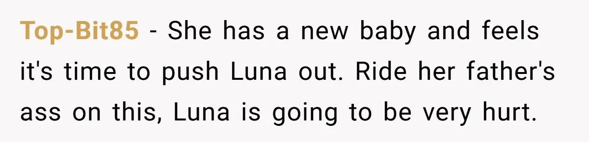 She Told Her Ex About His Girlfriend’s Comment, Now She’s Being Blamed for “Causing Drama” Top-Bit85 − She has a new baby and feels it's time to push Luna out. Ride her father's ass on this, Luna is going to be very hurt.