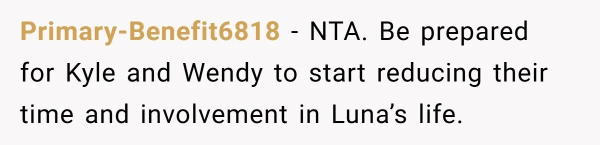 She Told Her Ex About His Girlfriend’s Comment, Now She’s Being Blamed for “Causing Drama” Primary-Benefit6818 − NTA. Be prepared for Kyle and Wendy to start reducing their time and involvement in Luna’s life.