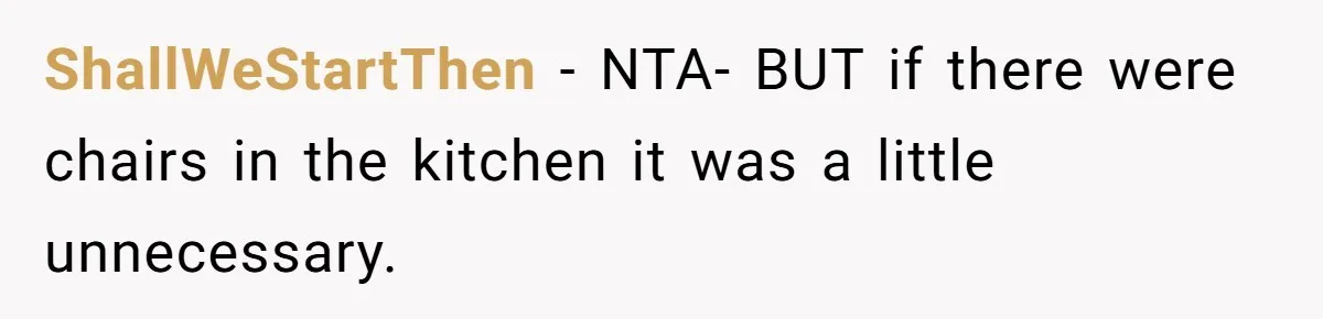 ShallWeStartThen − NTA- BUT if there were chairs in the kitchen it was a little unnecessary.