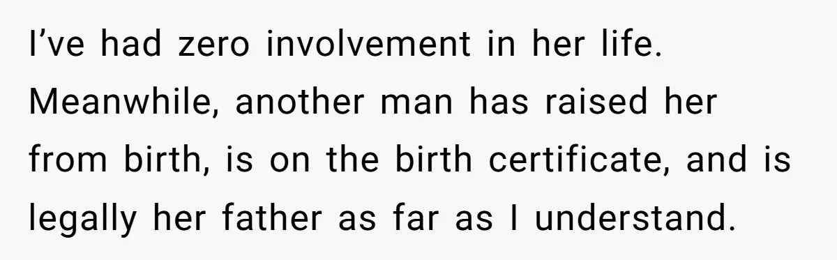 She Showed Up 12 Years Later Claiming He Was the Father, So He Told Her to See Him in Court I’ve had zero involvement in her life. Meanwhile, another man has raised her from birth, is on the birth certificate, and is legally her father as far as I understand.