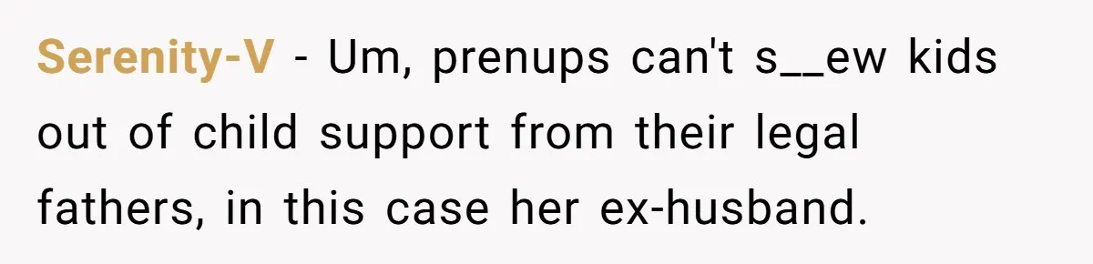 She Showed Up 12 Years Later Claiming He Was the Father, So He Told Her to See Him in Court Serenity-V − Um, prenups can't s__ew kids out of child support from their legal fathers, in this case her ex-husband.