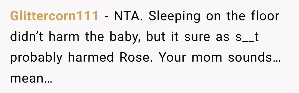 Man Explodes After Mom Forces His Pregnant Girlfriend To Sleep On The Floor Glittercorn111 − NTA. Sleeping on the floor didn’t harm the baby, but it sure as s__t probably harmed Rose. Your mom sounds…mean…