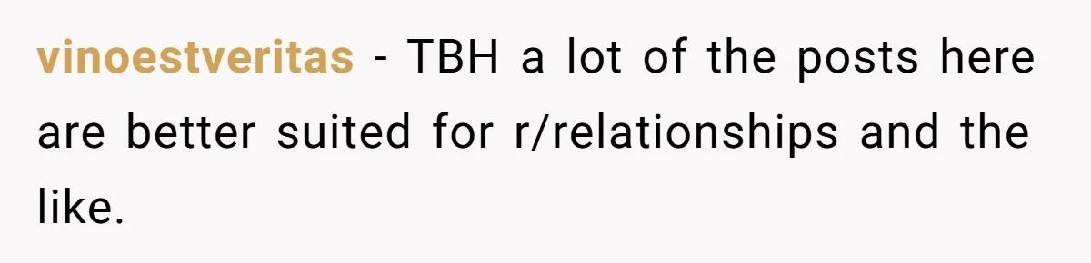 vinoestveritas − TBH a lot of the posts here are better suited for r/relationships and the like.