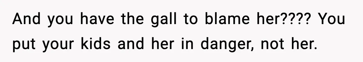 And you have the gall to blame her???? You put your kids and her in danger, not her.