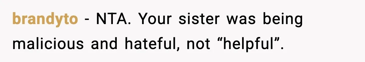 brandyto − NTA. Your sister was being malicious and hateful, not “helpful”.