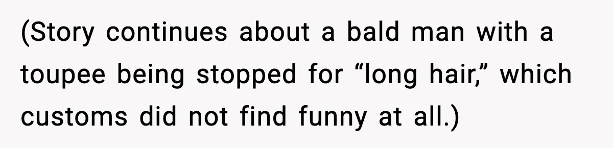 Workplace Enforces Hair Rule, Staff Respond With the Most Ridiculous Wigs (Story continues about a bald man with a toupee being stopped for “long hair,” which customs did not find funny at all.)
