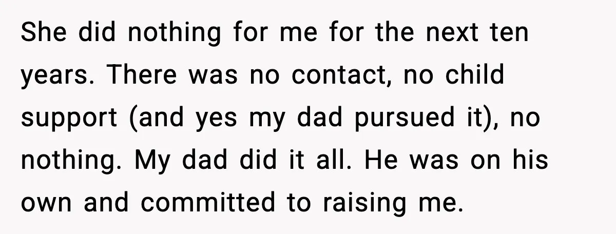 She did nothing for me for the next ten years. There was no contact, no child support (and yes my dad pursued it), no nothing. My dad did it all....