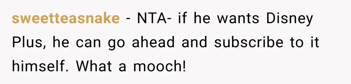 He Locked Her Out of Her Own Disney+ Account. Now Their Friends Think She Overreacted. sweetteasnake − NTA- if he wants Disney Plus, he can go ahead and subscribe to it himself. What a mooch!
