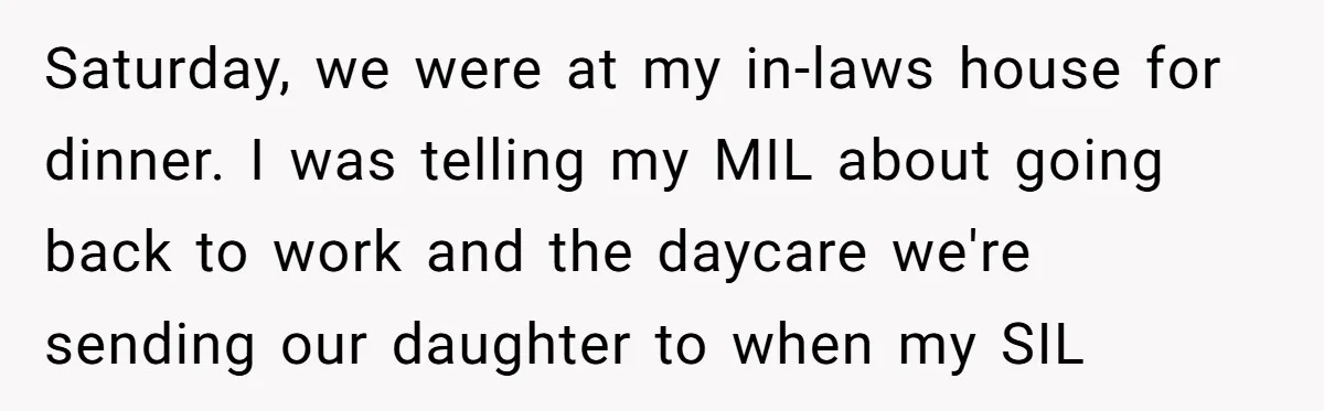 Saturday, we were at my in-laws house for dinner. I was telling my MIL about going back to work and the daycare we're sending our daughter to when my SIL